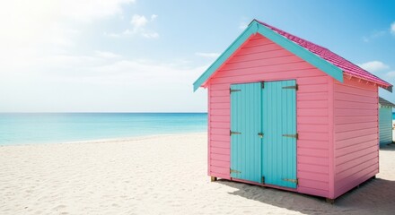 Naklejka premium Vibrant pink beach hut with pastel blue shutters on white sand by turquoise ocean, modern minimalist tropical travel mood, sunny day.