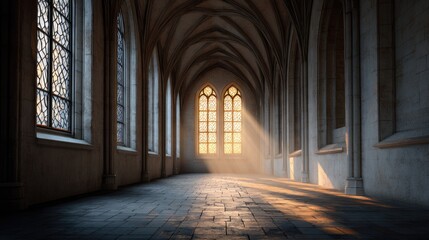 Obraz premium Serene Gothic Architecture Interior with Sunlight Streaming Through Ornate Windows in an Empty Sacred Space