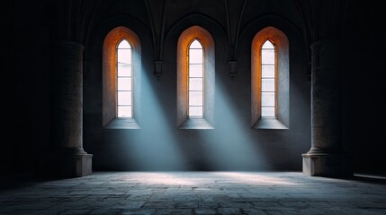 Fototapeta premium A Serene Interior View of an Ancient Stone Hall with Tall Windows Casting Light Beams into the Shadowy Room and Highlighting the Architectural Details