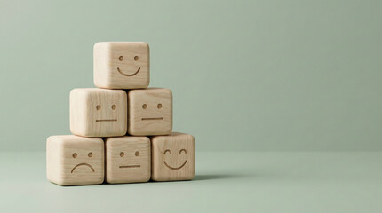 Pyramid of wooden cubes with various facial expressions showing different human emotions from sad and neutral to happy for psychological and mental health concepts