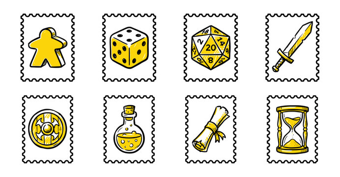 Hand-Drawn Fantasy Tabletop Gaming Postage Stamp Collection for Roleplaying Adventure Scrapbooking and Assets