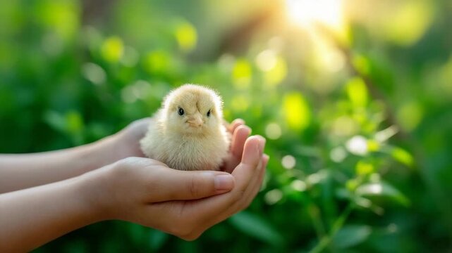 Cupped hands gently holding a cute yellow chick against a green garden background in sun light