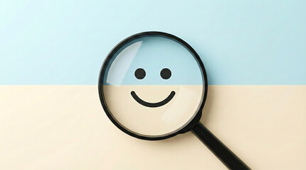 Magnifying glass showing a happy smiley face on a blue and beige background representing search for happiness customer satisfaction and positive mental health outlook