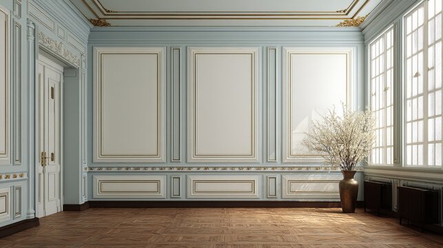 Wallpaper room mockup with classic wall paneling, soft lighting, neutral tones, wide interior view, modern home setting, elegant background for design presentation