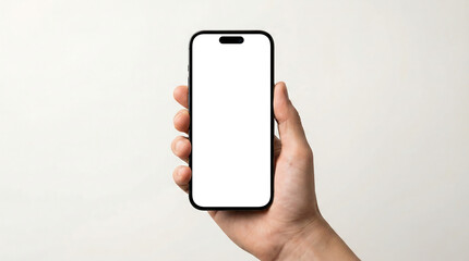 Person holding a modern smartphone with a blank white screen isolated on a neutral background for mobile application mockup and digital interface design presentation