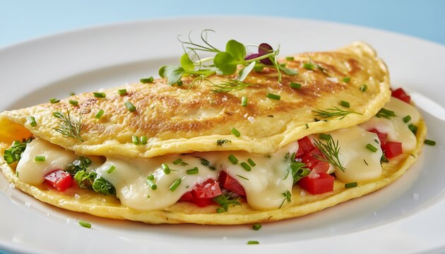 Delicious omelette sandwich filled with cheese tomatoes and fresh herbs on white plate