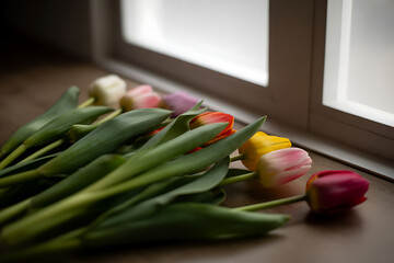 Colorful fresh tulips lying on a wooden surface by a window with soft diffused light creating a peaceful spring atmosphere in a home