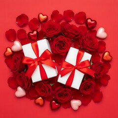 Elegant gift box surrounded by romantic red roses and heart shapes