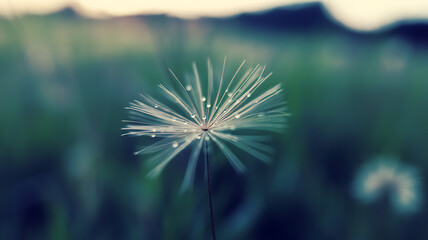 Close up shot of a single dandelion seed with water droplets on its fine hairs against a soft blurred green field background at dusk