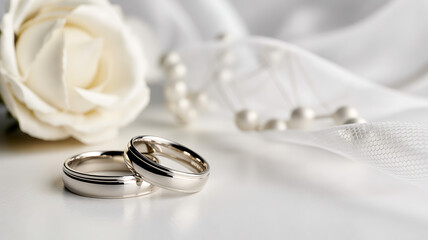 Pair of elegant silver wedding rings resting on a white silk surface with a white rose for marriage ceremony engagement or anniversary celebration background