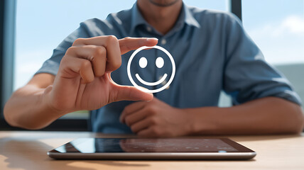 Businessman hands holding a white smiley face icon over a digital tablet on a desk representing customer feedback satisfaction and positive user experience
