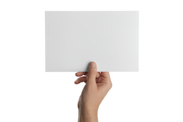 Obraz premium Hand holding a blank white paper card for text or design, isolated on white, concept for communication or presentation