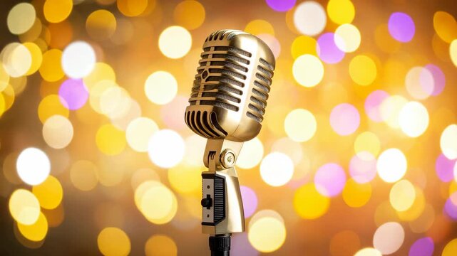 Vintage golden microphone on a blurred bokeh background with warm lights