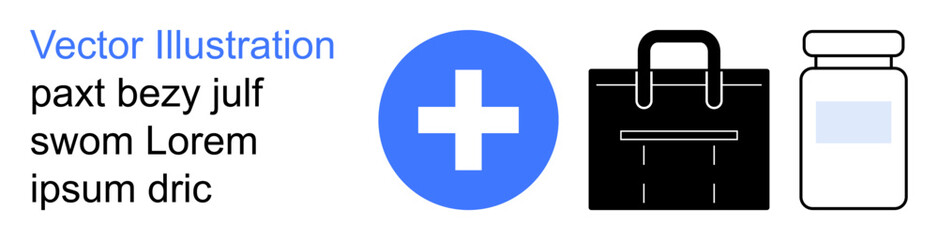 Fototapeta premium Healthcare, medicine, emergency preparedness, medical services, pharmacy, health care access. Blue cross symbol next to simple briefcase and medicine bottle icons. Healthcare and emergency