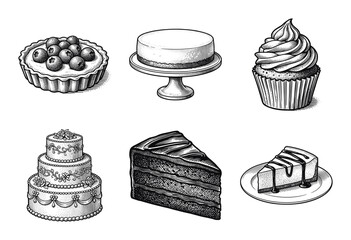 Fototapeta na wymiar Vintage hand drawn engraving of assorted bakery desserts and cakes including tarts cupcakes and tiered wedding cake on white