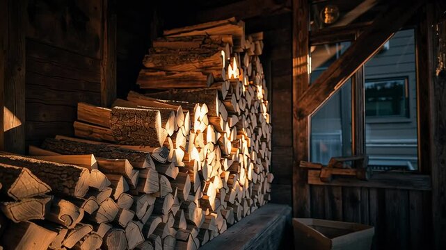 Stacked firewood inside a rustic alpine chalet storage room with warm sunlight, natural wood textures and cozy mountain cabin atmosphere