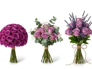 Obraz premium Three beautiful bouquets of flowers arranged in vases on a white background