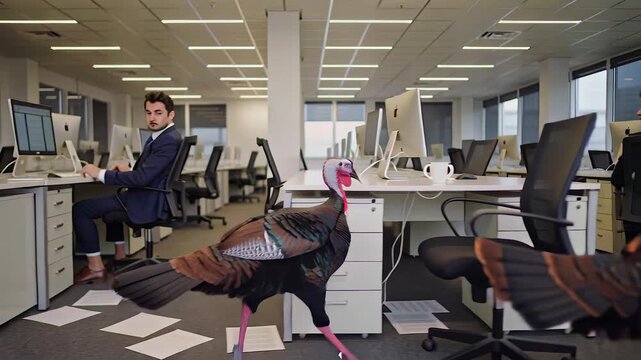 Birds cause chaos, Unexpected bird presence upsets office order, Sudden avian incursion turns peaceful office environment into complete disorder with feathers and scattered papers everywhere