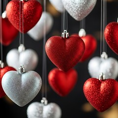 Elegant glittery heart-shaped ornaments hanging in festive display