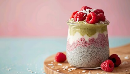 Healthy breakfast chia pudding with matcha and berries, organic dessert art on pastel background, horizontal culinary illustration with candid morning light