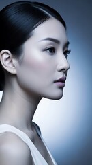 Portrait of a young Asian woman with smooth skin.