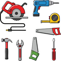 Assorted carpentry tools including saw, drill, and hammer displayed neatly on a clean white background from a straightforward viewpoint.