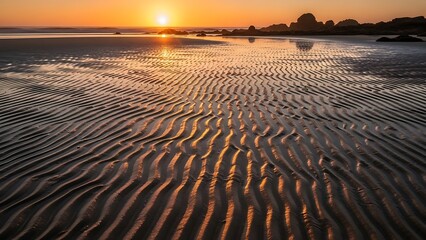 Serene Beach Sunset with Rippled Sand Patterns.