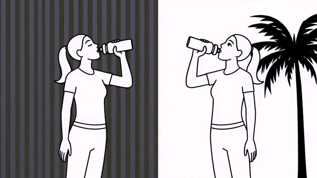 Woman Drinking Water Bottle Hydration and Fitness Female Athlete Rehydrating After Workout Simple Black and White Graphic Animation
