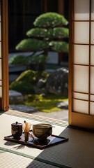 Serene Japanese Room with Tea Setup.