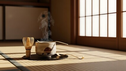 Serene Japanese Tea Ceremony Setup in Tatami Room.