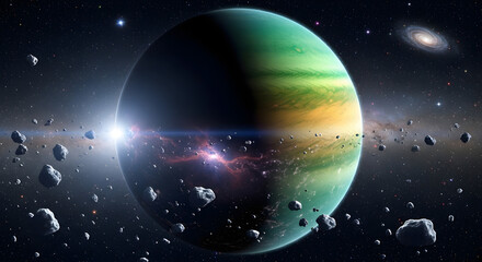 Fototapeta premium Distant Planet with Asteroids and Moons.