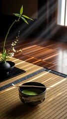 Serene Japanese Tea Setting on Tatami Mat.