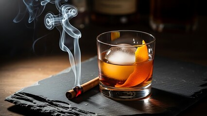 Smoking Cigar with Whiskey on Black Surface.