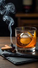 Smoking Whiskey Glass on Wooden Table.