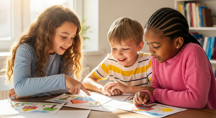 Three children engaging in a coloring activity on the floor with papers and crayons in a well-lit room.