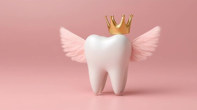 A charming tooth fairy adorned with a golden crown and fluffy wings floats gracefully against a soft pink backdrop, symbolizing childhood magic and whimsy