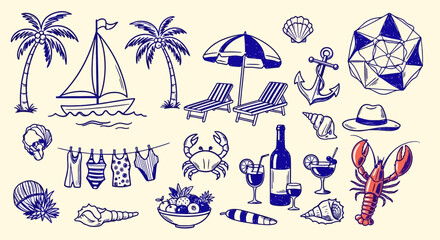 Obraz premium A charming collection of hand-drawn summer vacation and beach-themed illustrations, featuring a sailboat, palm trees, lounge chairs, and various seaside elements.