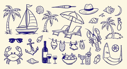 Obraz premium A charming hand-drawn collection of summer vacation and beach-themed illustrations, featuring a sailboat, palm trees, beach chairs, and various seaside elements.