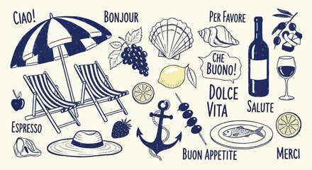 A charming illustration of Italian summer vacation elements, including beach chairs, an umbrella, food, wine, and greetings in Italian. © Mugi