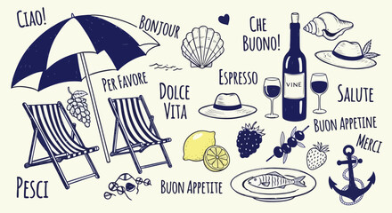 A charming illustration of Italian summer vacation elements, including beach chairs, an umbrella, wine, food, and greetings in Italian and French. © Mugi