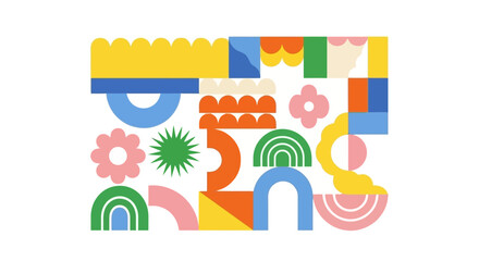 Fototapeta premium A vibrant abstract composition featuring colorful geometric shapes and playful organic forms arranged in a playful pattern.