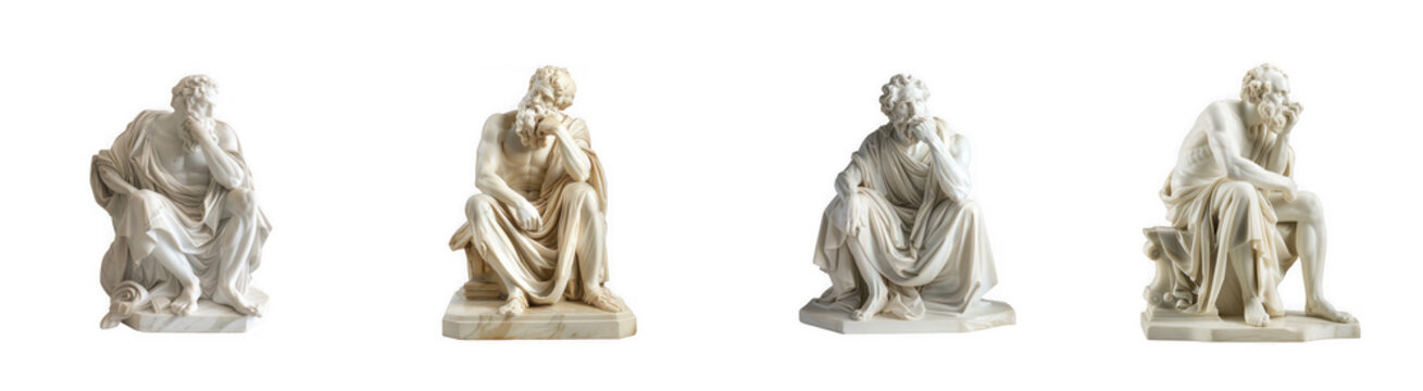 Thoughtful Classical Philosopher Statues: Ancient Greek Roman Marble Sculptures of Pensive Men isolated on transparent background