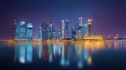 Stunning Night Skyline of a Modern City with Reflections on Water, Showcasing Tall Buildings and Vibrant Lights in a Urban Environment