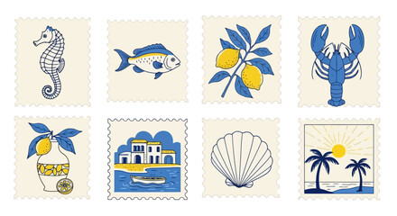 A collection of eight postage stamps featuring various Mediterranean-themed illustrations including marine life, citrus, and coastal scenes. © Mugi