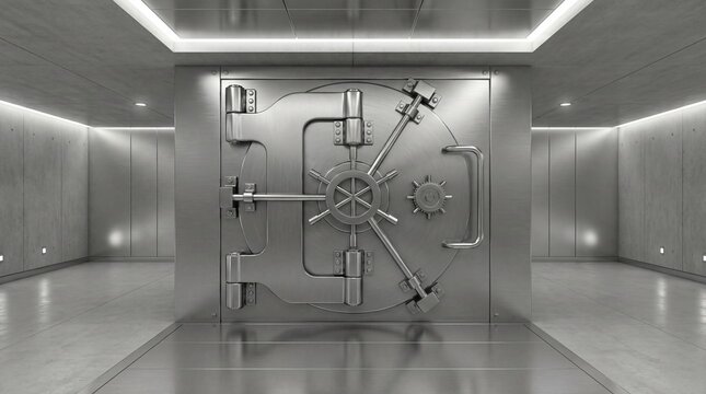 A large, metallic bank vault door stands closed in a modern, minimalist room. The walls are smooth and gray, illuminated by soft overhead lights.