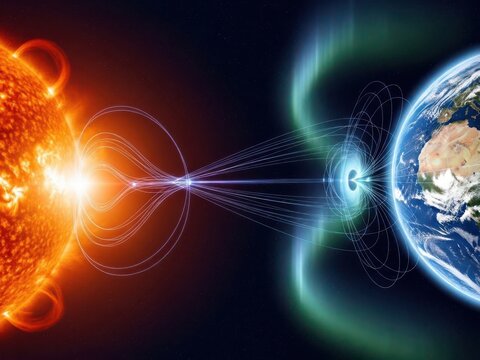 The sun's magnetic field interacts with Earth's magnetic field in space