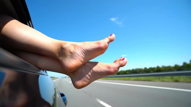 Woman Enjoying a Sunny Day Road Trip with Feet Out the Car Window.