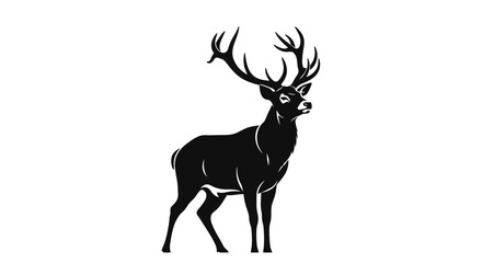 A striking black silhouette of a majestic stag with large antlers, standing proudly against a white background. © Mugi