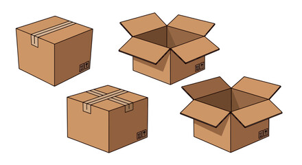 Fototapeta premium Four cardboard boxes, two closed and sealed with tape, and two open, displayed on a white background.