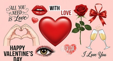 Romantic valentine's day graphic with heart, lips, rose, and love messages